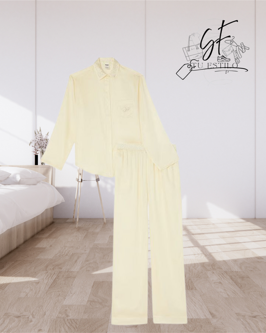 Conjunto de pijama largo sedoso con brillo