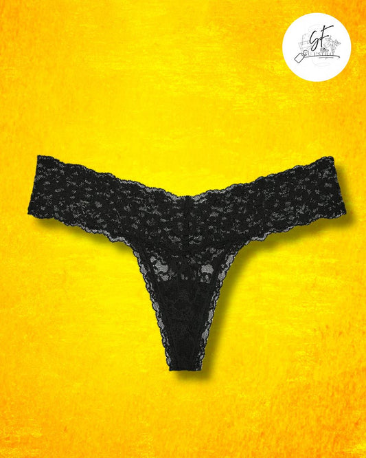 Lace Trim V-String Panty – Black